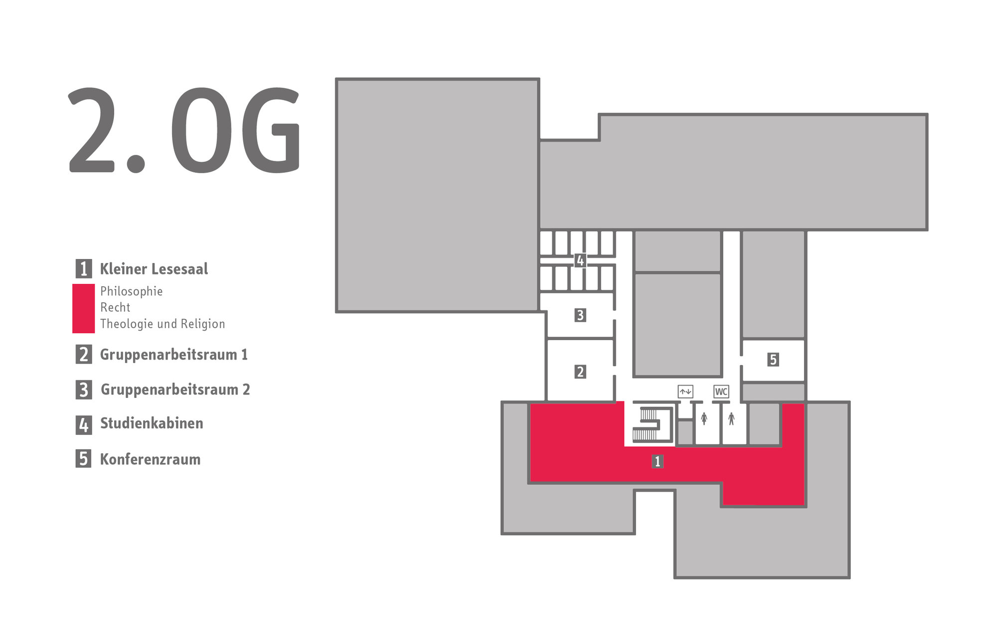 Lageplan des Kleinen Lesesaals im 2. Obergeschoss.
