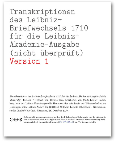 Titelseite der Transkriptionen des Leibniz-Briefwechsels 1710 für die Leibniz-Akademie-Ausgabe (nicht überprüft) (Version 1)