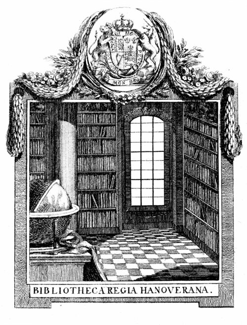 Das Exlibris der Königlichen Bibliothek zeigt Bücherregale links und rechts neben einem Fenster. Am oberen Bildrand ist ein Wappen zu sehen, am unteren der Schriftzug Bibliothece Regia Hanoverana.