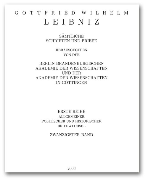 Titelseite von Band I, 20 der Leibniz-Akademie-Ausgabe