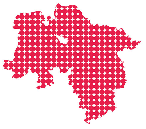 Umriss des Bundeslandes Niedersachsen. Rote Punkte bilden die Fläche.
