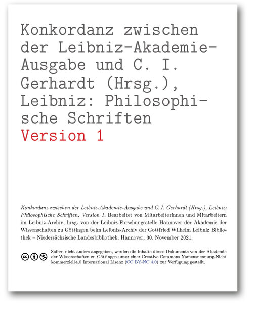 Titelseite der Konkordanz zwischen der Leibniz-Akademie-Ausgabe und C. I. Gerhardt (Hrsg.), Leibniz: Philosophische Schriften (Version 1)