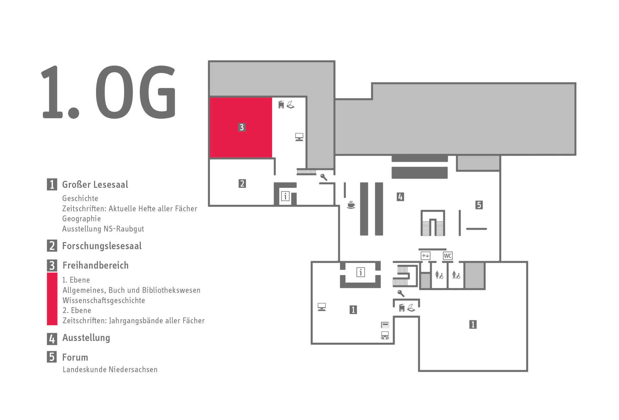 Lageplan des 1. Obergeschosses. Der Freihandbereich ist hervorgehoben.