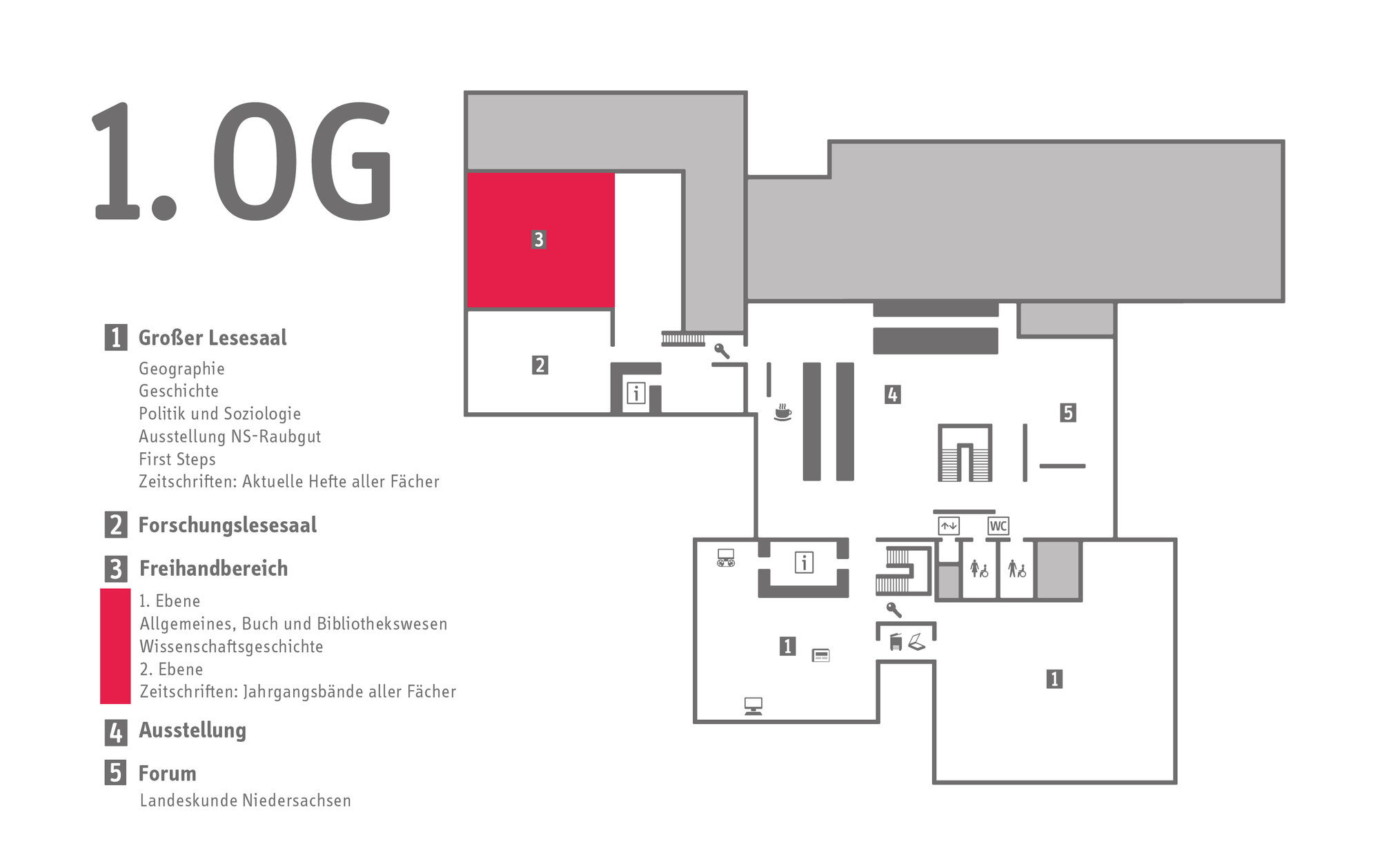 Lageplan des 1. Obergeschosses. Der Freihandbereich ist hervorgehoben.