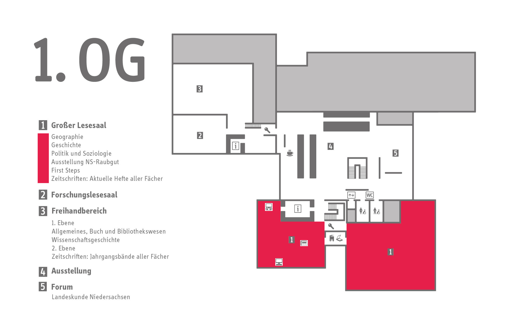 Lageplan des 1. Obergeschosses des GWLB. Hervorgehoben ist der Große Lesesaal.
