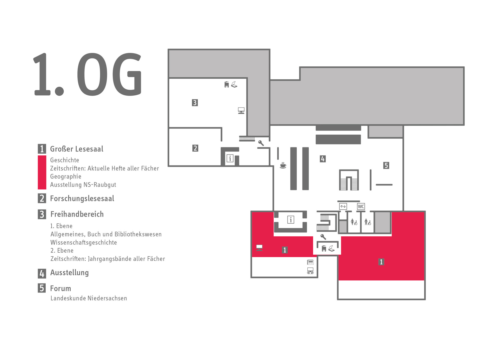 Lageplan des 1. Obergeschosses des GWLB. Hervorgehoben ist der Große Lesesaal.