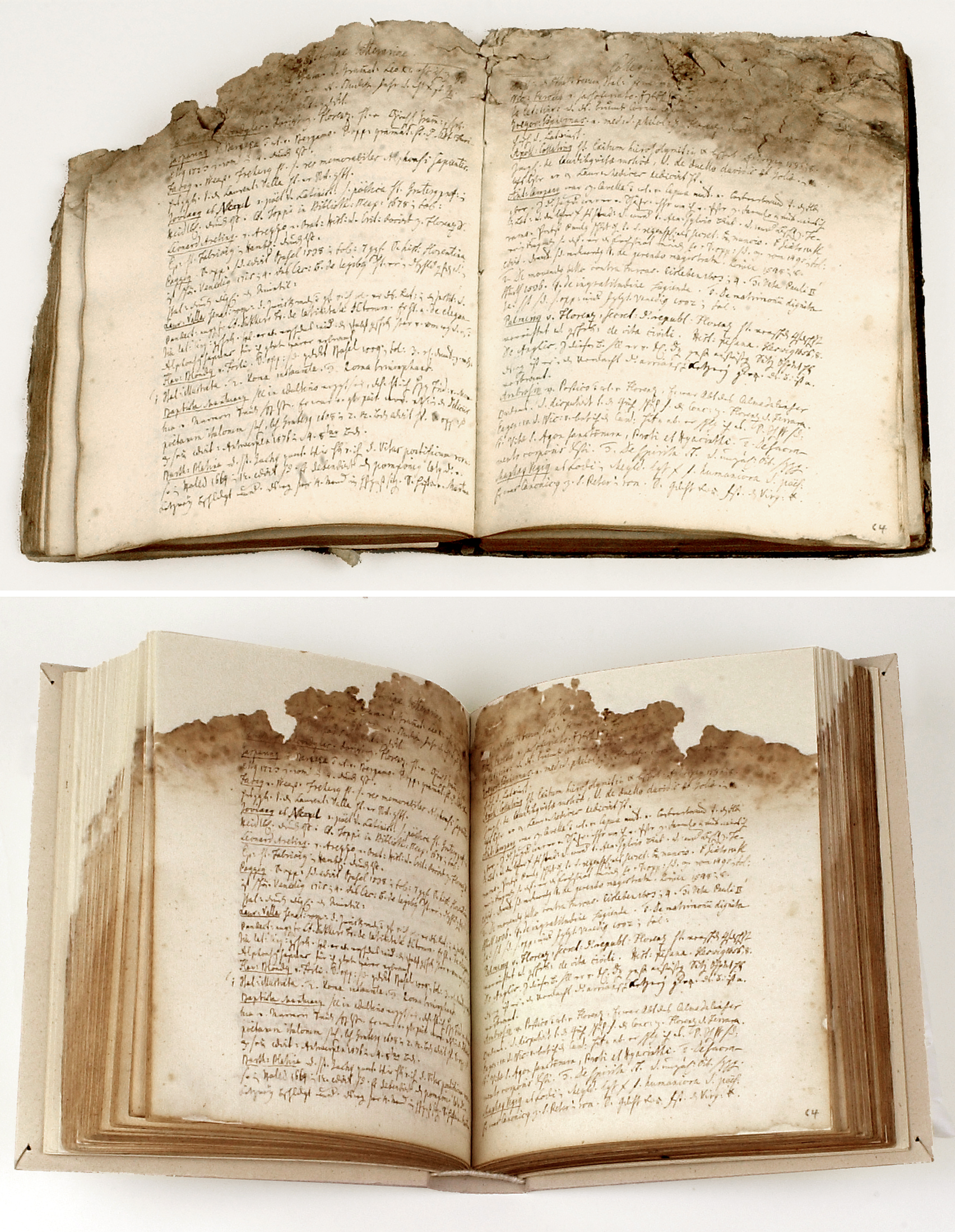 Zwei Fotos übereinander. Aufgeschlagenes Buch vor und nach der Restaurierung